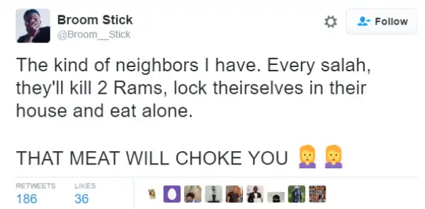 Guy goes on epic rant after neighbours ate Sallah ram meat without inviting him